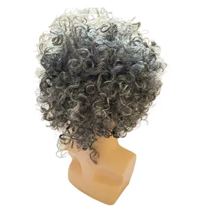 Detail view of short grey curly wig for women, fluffy texture, natural look for daily style.