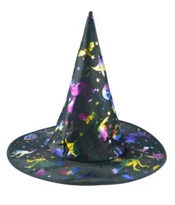 Halloween witch hat black magic wizard party costume cap with starry holographic spooky print
