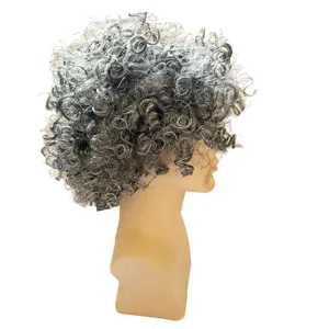 Detail view of a fluffy short grey curly wig on a mannequin head for festival cosplay.