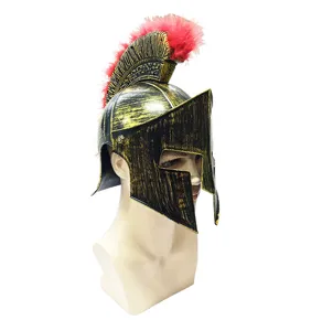 Close-up detail of the Roman warrior costume helmet with black gold finish and striking red feather crest.