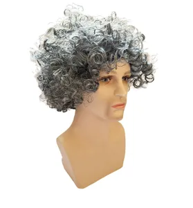 Grey curly wig detail view, short wavy synthetic hair piece for cosplay and dress-up parties.
