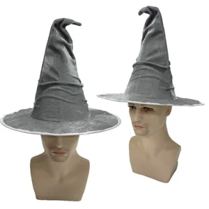 Grey witch hat for Halloween party, crinkled pointed magician cosplay hat headwear accessory.