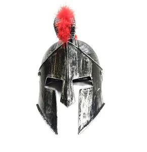 Spartan warrior helmet detail showing distressed black silver finish and red plume feather.