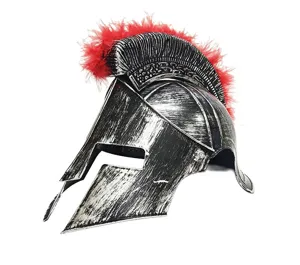 Close-up of ancient Roman Spartan helmet featuring striking red feather crest and textured finish.