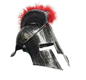 Roman Spartan warrior helmet with red feather plume, perfect for Halloween and cosplay events.