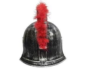 Detailed view of an ancient Roman gladiator warrior helmet with red feather crest for Halloween costumes.