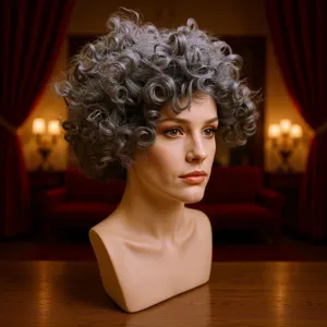 Grey short curly wig for women, vintage fluffy synthetic hair cosplay wig for daily wear.