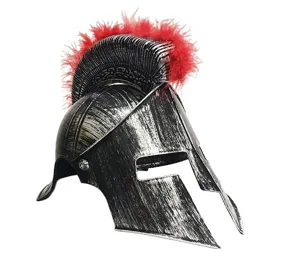 Spartan helmet detail view, antique silver finish with red feather crest for costume party.