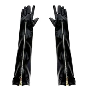 Lange zwarte laklederen handschoenen met rits aan de voorkant voor toneel en cosplay.