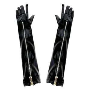 Lange zwarte lakleren handschoenen met rits aan de voorkant voor optredens en cosplay.