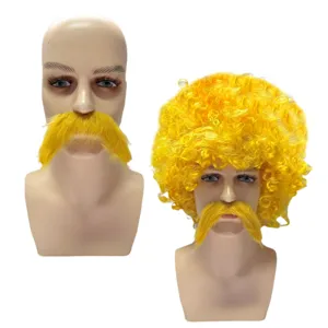 Ensemble perruque afro jaune et grande moustache pour fête, déguisement de clown et supporters.