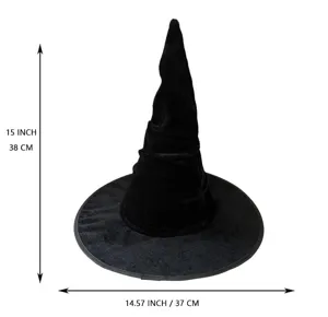 Vue détaillée du chapeau de sorcière en velours noir montrant les dimensions précises.