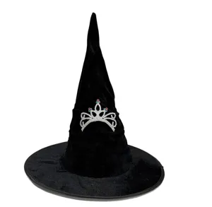 Chapeau de sorciere en velours noir avec tiare en strass pour fete d'Halloween party