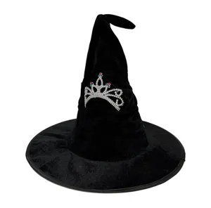 Chapeau de sorciere en velours noir avec tiare en strass, ideal pour fete de costume Halloween.