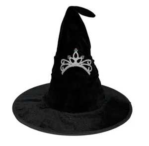 Détail chapeau de sorcière noir avec diadème strass pour costumes de fête d'Halloween
