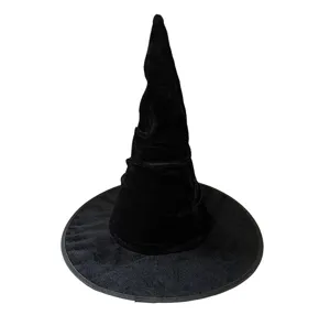 Chapeau de sorcière en velours noir pour fête d'Halloween, coiffure de sorcier pointue