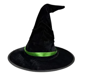 Chapeau de sorciere en velours noir avec ruban vert, parfait pour les fetes de de costume.