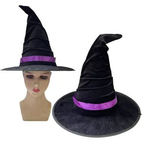 Chapeau de sorcière d'Halloween en velours noir ruban violet accessoire de costume détail
