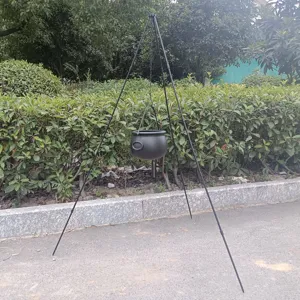 Outdoor camping Halloween tripod stand with hanging cauldron black metal campfire rack detail