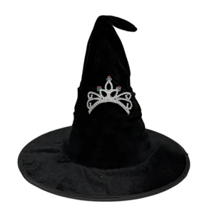 Chapeau de Sorcière Halloween en Flanelle Plissé Chapeau de Magicien Avec Couronne de Strass Ruban Cosplay Fête Costume Coiffe