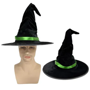 Chapeau de sorciere noir d'Halloween avec ruban vert, accessoire de costume en velours.
