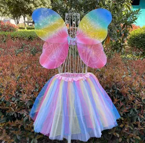 Kids rainbow butterfly wings and tutu skirt set for party performance costume dress up