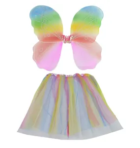 Children rainbow butterfly wings and tutu skirt detail shot, colorful and vibrant party wear.