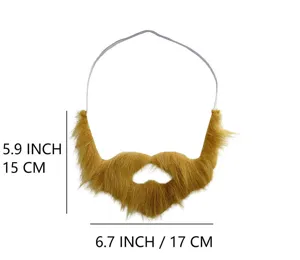 Vista dettagliata della finta barba giallo-marrone con cinturino elastico, misura 15x17 cm.