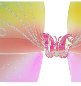 Children's rainbow mesh butterfly wings performance costume detail shot, vibrant gradient colors.