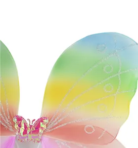 Close-up detail of colorful rainbow mesh butterfly wings for kids, sparkly glitter lines.
