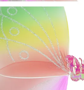 Detailed view of kids rainbow butterfly wings with glitter veins for fairy party costume.