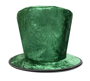 Green velvet top hat detail, festive holiday costume accessory, St. Patrick's day party headwear