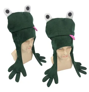 Divertido gorro de felpa de rana con ojos y orejas largas para fiestas y disfraces.