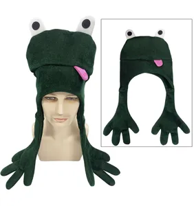 Divertido sombrero de felpa de rana verde con manos largas y lengua, linda gorra de cosplay.