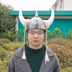 Viking horned helmet for Halloween party costume, plastic warrior hat with braided braids
