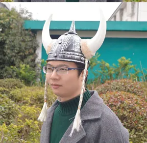 Viking horned helmet costume prop for party cosplay, detailed view of braided hair and horns.