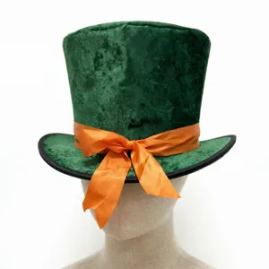 Green velvet top hat with orange ribbon bow for St. Patrick's Day party headwear.