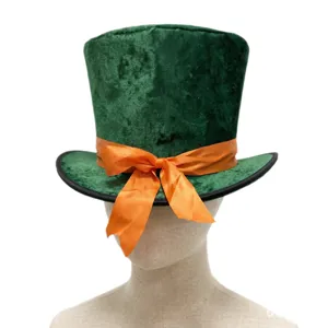 Green velvet top hat with orange ribbon bow, perfect for Irish festival and party dress up.