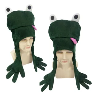 Divertido sombrero de felpa rana verde con guantes largos orejeras disfraz animal