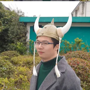 Detail view of the Viking horn hat with white braids, perfect for costume party events.