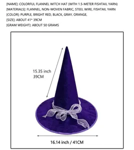 Vista detallada del sombrero de bruja de franela morada con lazo y dimensiones.