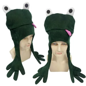 Divertido sombrero de felpa de rana verde con grandes ojos y orejas largas para fiesta cosplay.