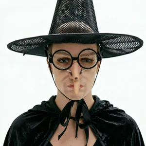 Halloween funny witch costume set including black hat, big nose glasses and black velvet cape.
