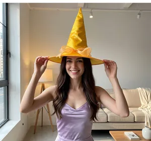 Sombrero de bruja amarillo con lazo de organza, ideal para fiestas de Halloween y cosplay.