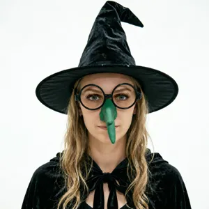 Halloween witch costume set with funny long nose glasses, black hat and cape for party.