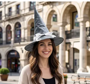 Sombrero de bruja de Halloween gris puntiagudo sombrero magico con lazo blanco para fiesta disfraz