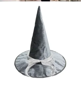 Sombrero de bruja de terciopelo gris con lazo de cinta transparente blanca para fiesta de Halloween