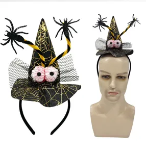 Detailed view of Halloween witch hat headband with googly eyes and spiders for party decor.