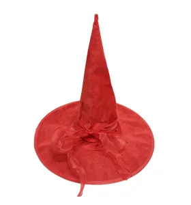 Sombrero de bruja de Halloween rojo con cinta de organza transparente, accesorio de disfraz