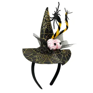 Halloween witch hat headband detail showing cute googly eyes and spider web pattern.